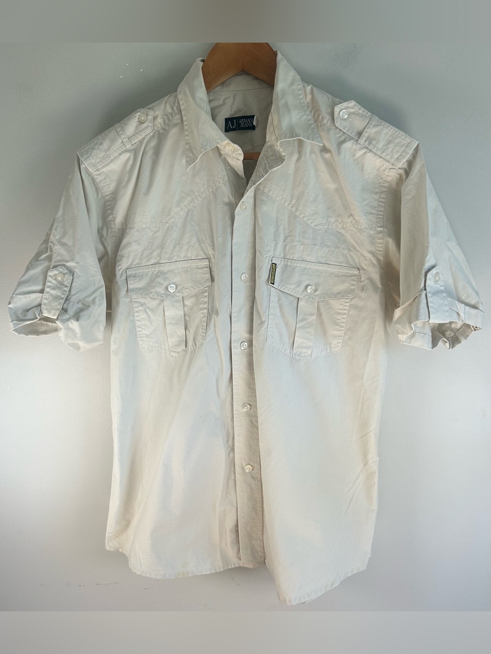 Armani Jeans Men’s Button Down Shirt Size L White Utility Pockets Pilot Shirt